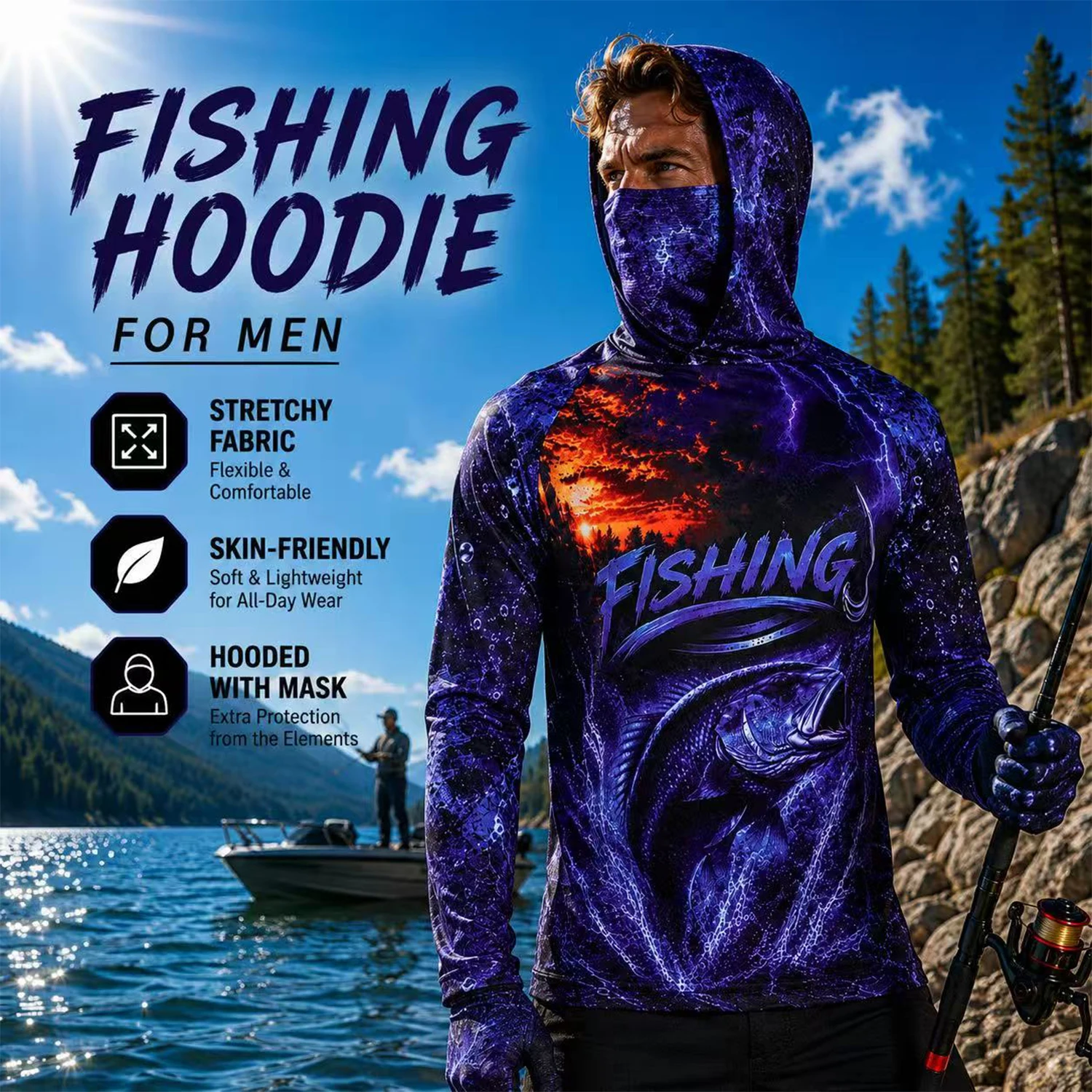 Fishing Shirt Uv Protection - Camisa de pesca com capuz, estampa